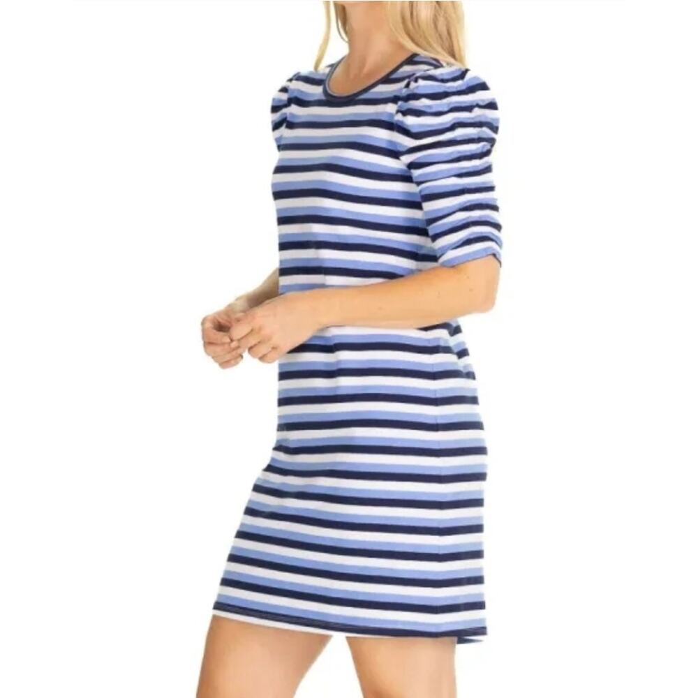 Duffield Lane Cotton Stripe Dress Large Blue White Preppy Coastal Made in Peru